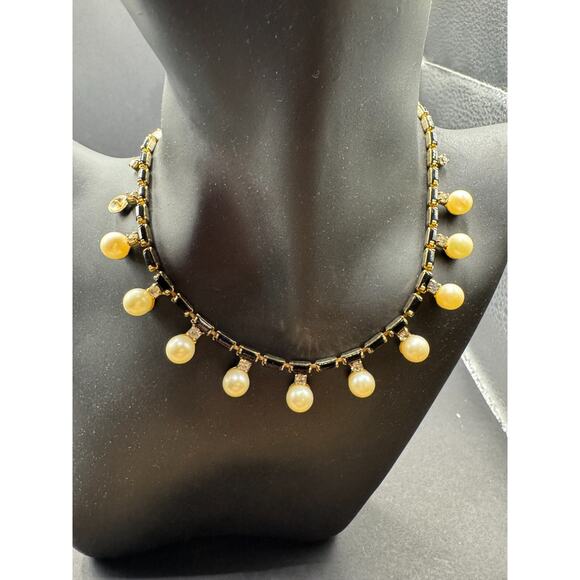 Vintage Denbe Signed Black Onyx Tennis Necklace Faux Pearl & Crystal Dangle - Picture 1 of 13